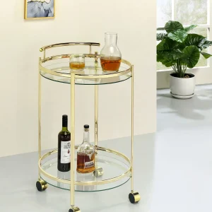 Chrissy 2-tier Round Glass Shelf Metal Bar Cart Brass