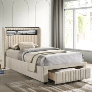 Madison Upholstered LED Twin Storage Platform Bed Cream