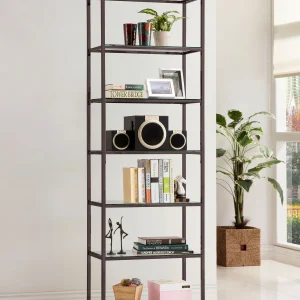 Kate 78-inch 5-shelf Glass Bookshelf Black Nickel