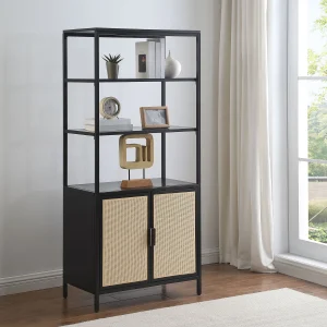 Amherst 3-shelf Radio Weave Cane Metal Accent Cabinet Black