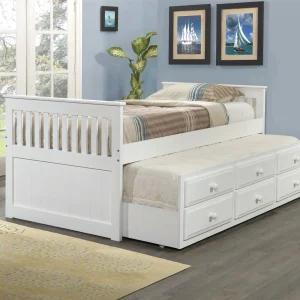 Captains Twin White Bed with 3 Underbed Drawers & Twin Trundle