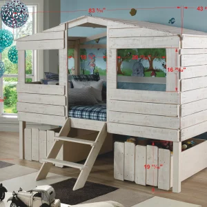 Beach House Twin Rustic Sand Low Loft Bed with House Toy Boxes