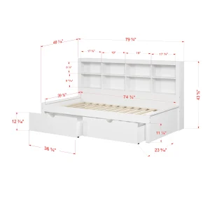 Bookcase Twin White Daybed with Dual Underbed Drawers