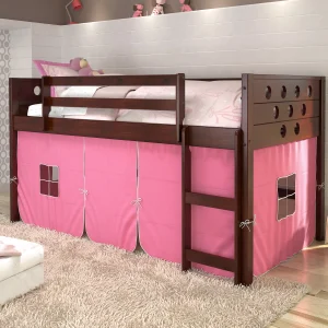 Circles Twin Cappuccino Low Loft Bed with Pink Tent